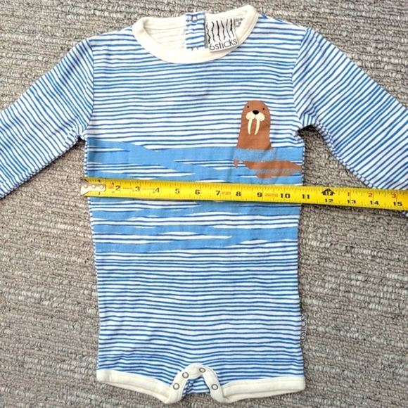 🎈Blue Striped Baby (12-18 Months) Long-Sleeve Onesie w/Snaps and Walrus Design - Picture 11 of 13